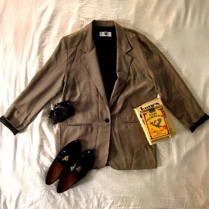 Vintage Christy Girl USA Houndstooth Blazer Brown Black Oversized Made in USA